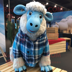 Sky Blue Merino Sheep mascot costume character dressed with a Flannel Shirt and Necklaces