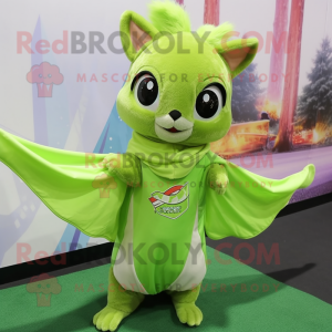 Lime Green Flying Squirrel mascot costume character dressed with a Mini Dress and Scarves