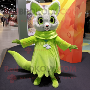 Lime Green Flying Squirrel mascot costume character dressed with a Mini Dress and Scarves