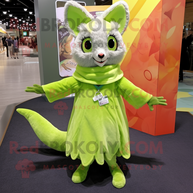 Lime Green Flying Squirrel mascot costume character dressed with a Mini Dress and Scarves Lime Green Flying Squirrel mascot costume character dressed with a Mini Dress and Scarves