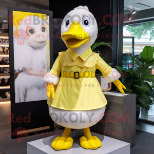 Lemon Yellow Geese mascot costume character dressed with a Mini Dress and Scarves