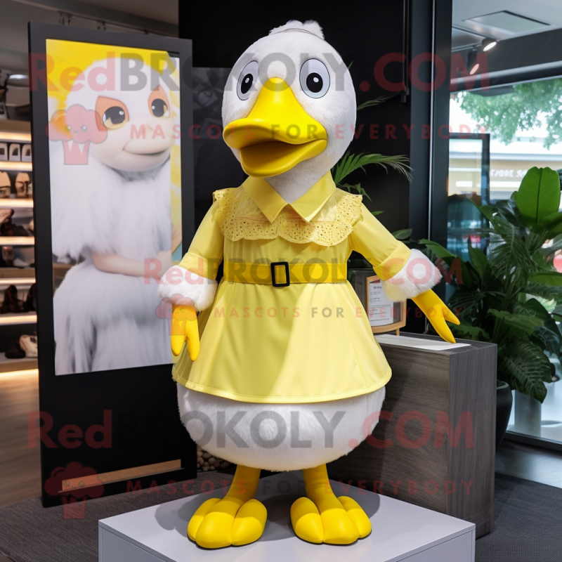 Lemon Yellow Geese mascot costume character dressed with a Mini Dress and Scarves Lemon Yellow Geese mascot costume character dressed with a Mini Dress and Scarves