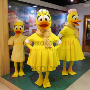 Lemon Yellow Geese mascot costume character dressed with a Mini Dress and Scarves