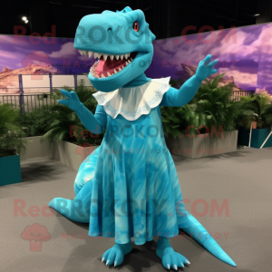 Cyan Tyrannosaurus mascot costume character dressed with a Maxi Dress and Hairpins