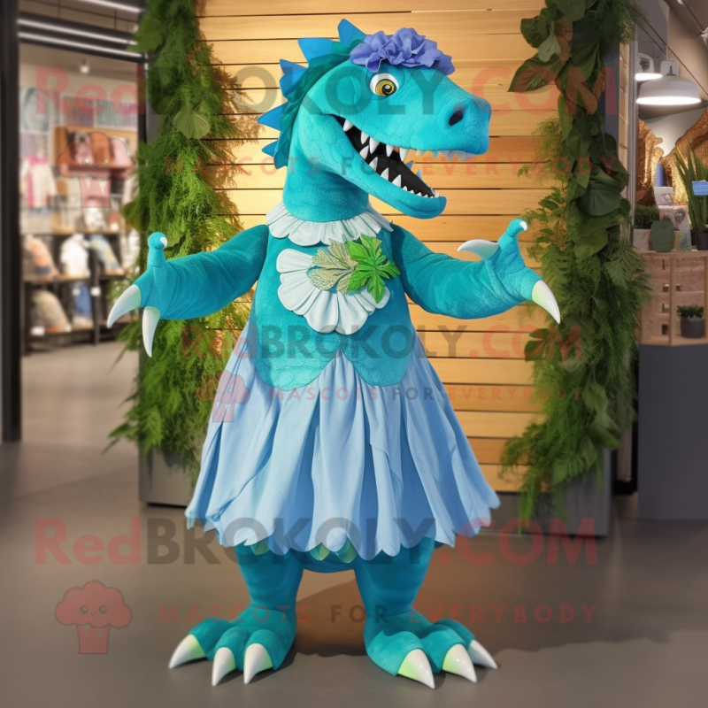 Cyan Tyrannosaurus mascot costume character dressed with a Maxi Dress and Hairpins