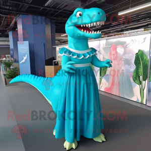 Cyan Tyrannosaurus mascot costume character dressed with a Maxi Dress and Hairpins