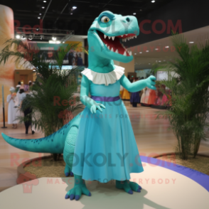 Cyan Tyrannosaurus mascot costume character dressed with a Maxi Dress and Hairpins