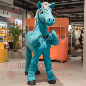 Teal Horse mascot costume character dressed with a Cargo Pants and Gloves