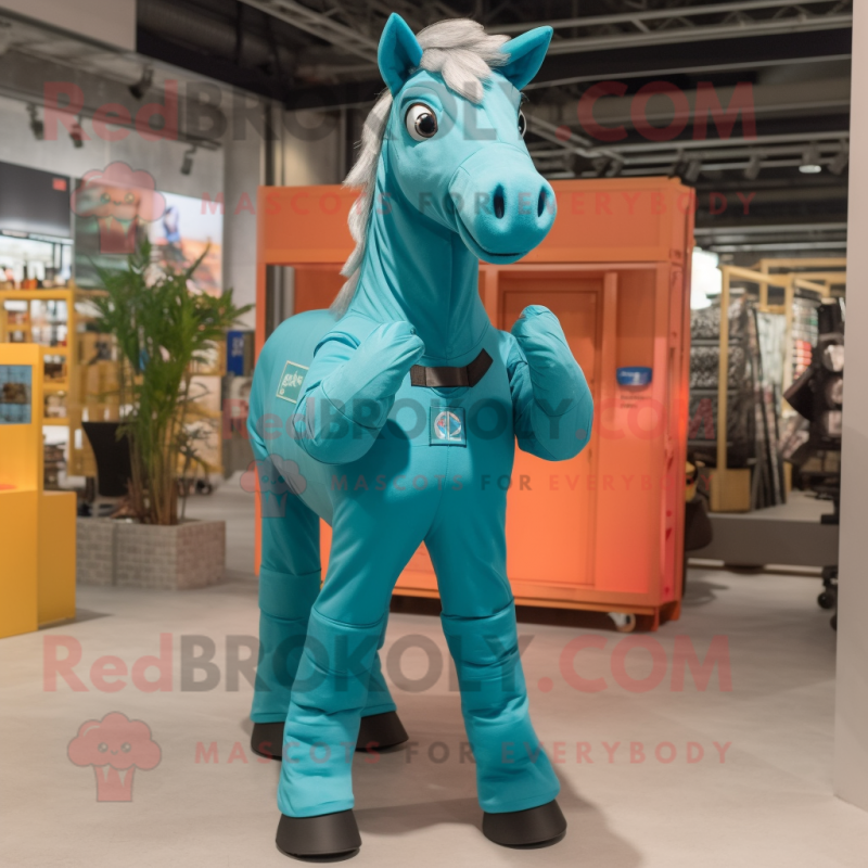 Teal Horse mascot costume character dressed with a Cargo Pants and Gloves