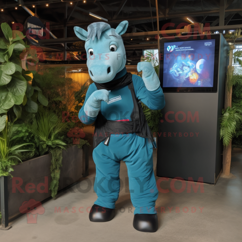 Teal Horse mascot costume character dressed with a Cargo Pants and Gloves