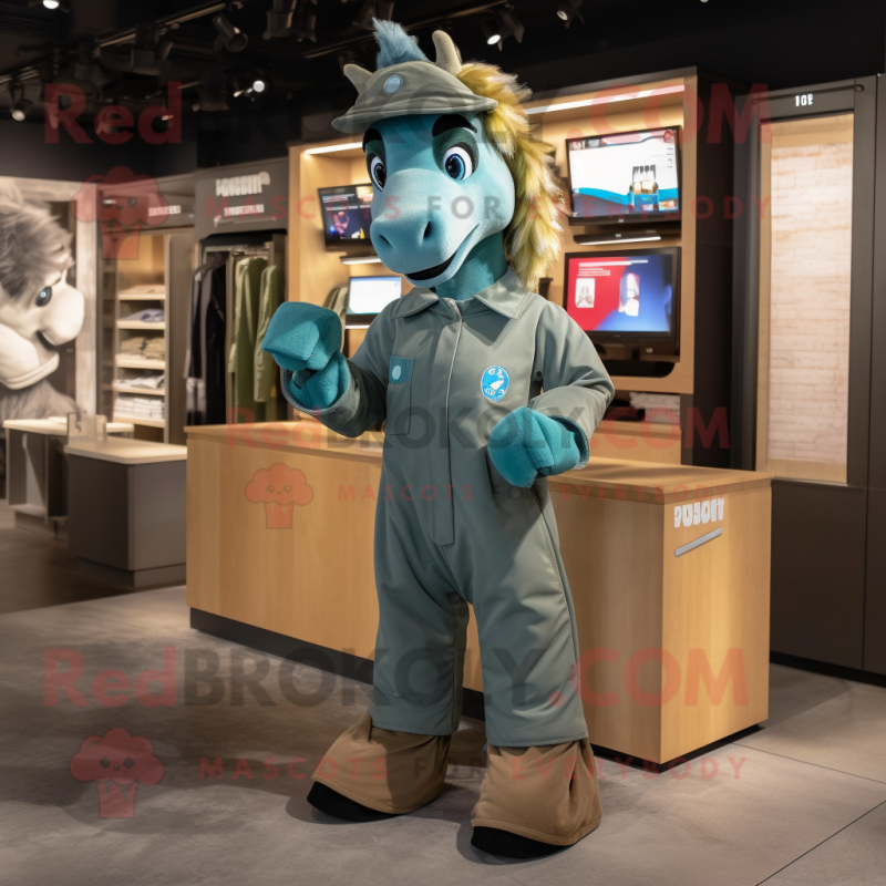 Teal Horse mascot costume character dressed with a Cargo Pants and Gloves