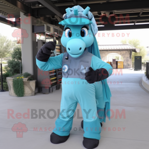 Teal Horse mascot costume character dressed with a Cargo Pants and Gloves