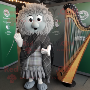 Gray Celtic Harp mascot costume character dressed with a Dress Shirt and Shawl pins