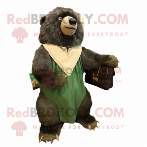 Olive Sloth Bear mascot costume character dressed with a A-Line Dress and Messenger bags