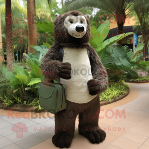 Olive Sloth Bear mascot costume character dressed with a A-Line Dress and Messenger bags