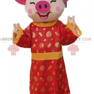 Schweinemaskottchen im asiatischen Kleid, asiatisches Kostüm -