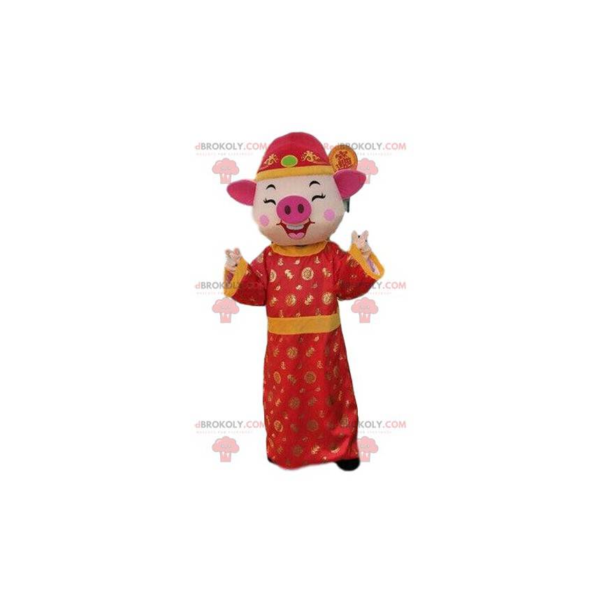 Mascote porco em vestido asiático, traje asiático -
