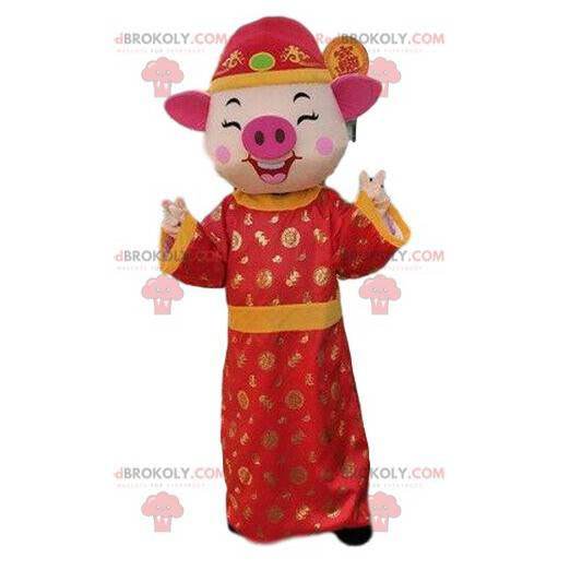 Mascote porco em vestido asiático, traje asiático -
