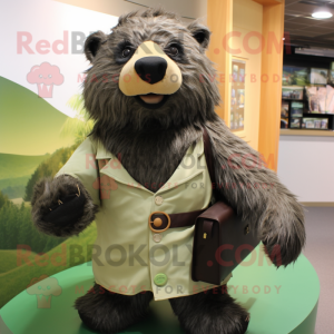 Olive Sloth Bear mascot costume character dressed with a A-Line Dress and Messenger bags