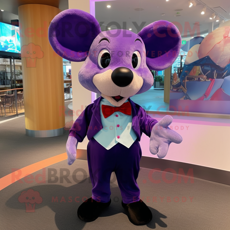 Purple Mouse mascot costume character dressed with a Bermuda Shorts and Bow ties