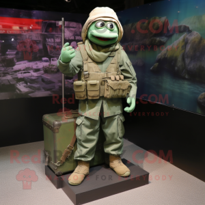 Green Marine Recon mascot costume character dressed with a Cargo Pants and Clutch bags