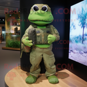 Green Marine Recon mascot costume character dressed with a Cargo Pants and Clutch bags