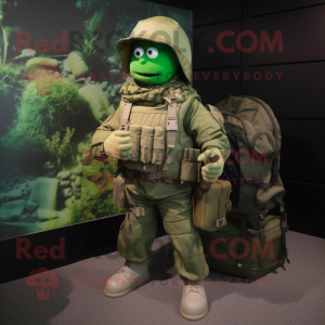 Green Marine Recon mascot costume character dressed with a Cargo Pants and Clutch bags