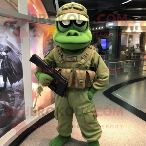 Green Marine Recon mascot costume character dressed with a Cargo Pants and Clutch bags