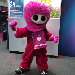 Magenta Pop Corn mascot costume character dressed with a Overalls and Scarves