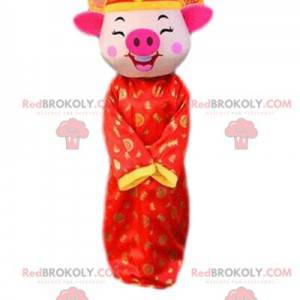 Traje de porco em traje festivo, mascote de sinal chinês -