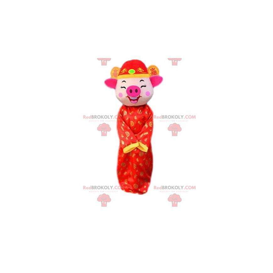Traje de cerdo en atuendo festivo, mascota de signo chino -
