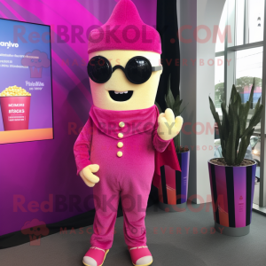 Magenta Pop Corn mascot costume character dressed with a Overalls and Scarves