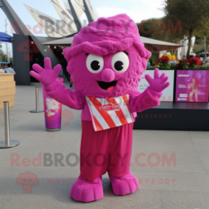 Magenta Pop Corn mascot costume character dressed with a Overalls and Scarves