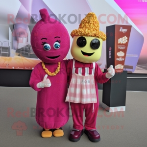 Magenta Pop Corn mascot costume character dressed with a Overalls and Scarves