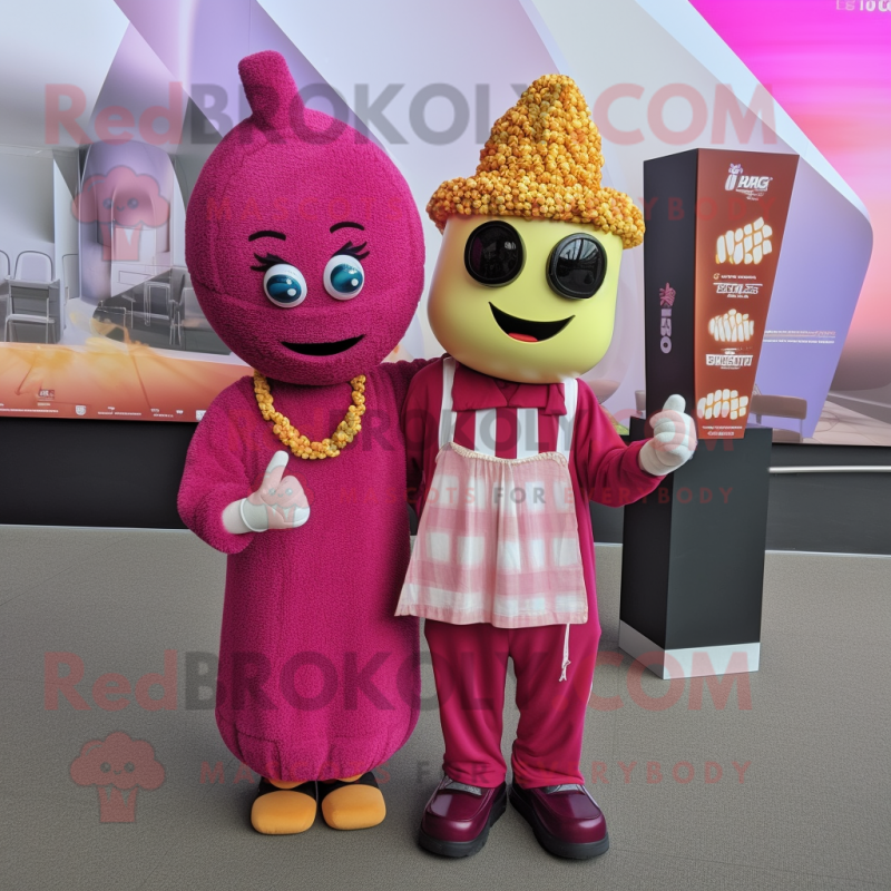 Magenta Pop Corn mascot costume character dressed with a Overalls and Scarves Magenta Pop Corn mascot costume character dressed with a Overalls and Scarves
