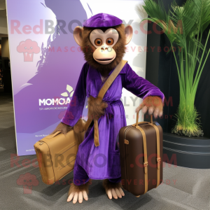 Purple Capuchin Monkey mascot costume character dressed with a Wrap Dress and Briefcases