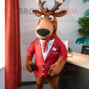 Red Elk mascot costume character dressed with a Waistcoat and Tie pins