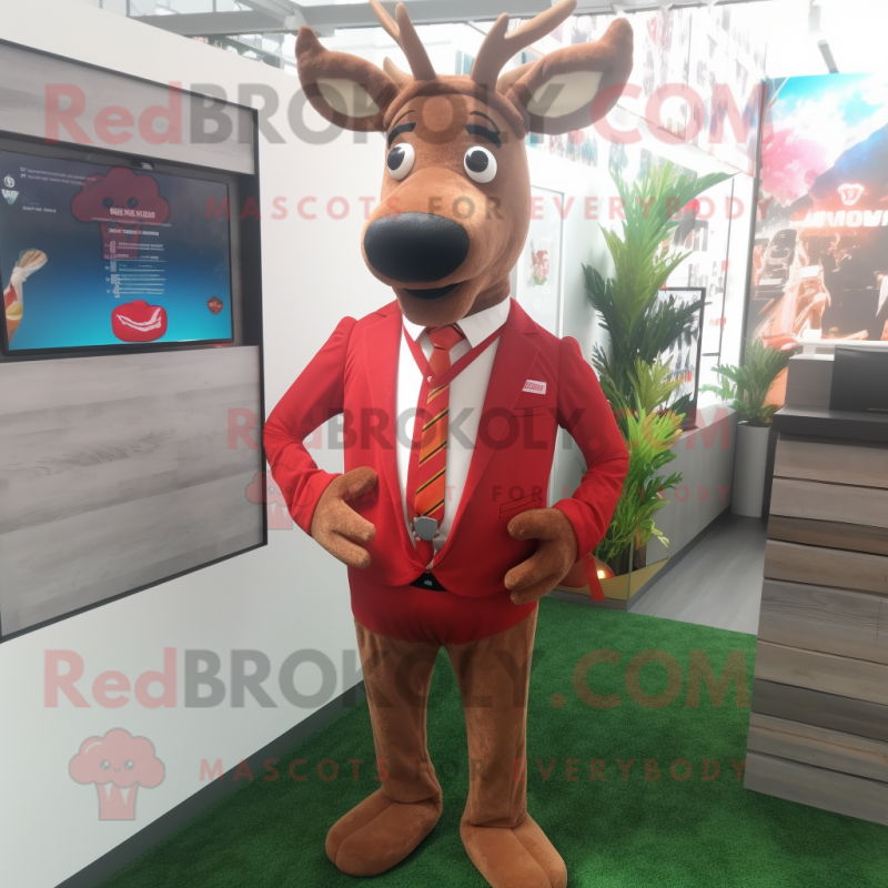 Red Elk mascot costume character dressed with a Waistcoat and Tie pins