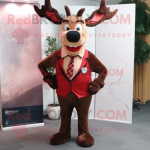 Red Elk mascot costume character dressed with a Waistcoat and Tie pins