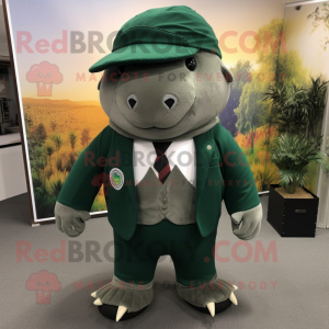 Forest Green Glyptodon mascot costume character dressed with a Suit Pants and Beanies