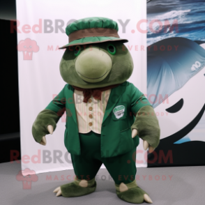 Forest Green Glyptodon mascot costume character dressed with a Suit Pants and Beanies
