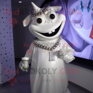 Silver Bottle Of Milk mascot costume character dressed with a Sweater and Necklaces