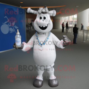 Silver Bottle Of Milk mascot costume character dressed with a Sweater and Necklaces