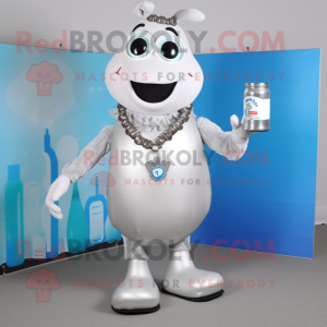 Silver Bottle Of Milk mascot costume character dressed with a Sweater and Necklaces