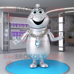 Silver Bottle Of Milk mascot costume character dressed with a Sweater and Necklaces