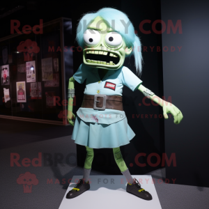 Cyan Zombie mascot costume character dressed with a A-Line Skirt and Belts