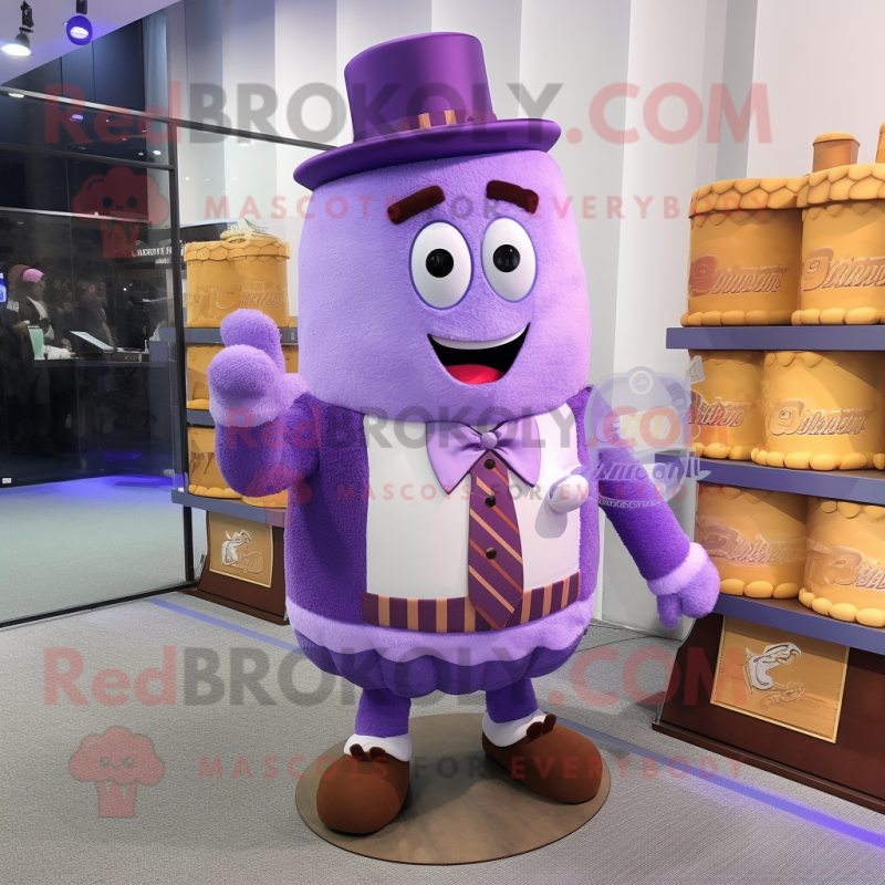 Purple Wedding Cake mascot costume character dressed with a Vest and Messenger bags Purple Wedding Cake mascot costume character dressed with a Vest and Messenger bags