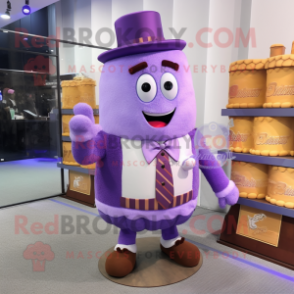 Purple Wedding Cake mascot costume character dressed with a Vest and Messenger bags