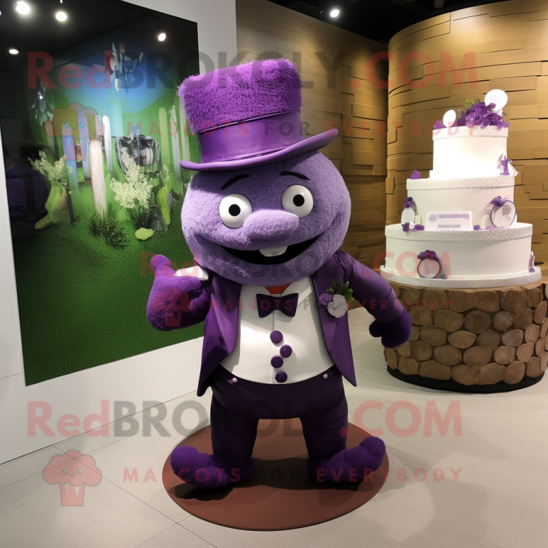 Purple Wedding Cake mascot costume character dressed with a Vest and Messenger bags Purple Wedding Cake mascot costume character dressed with a Vest and Messenger bags