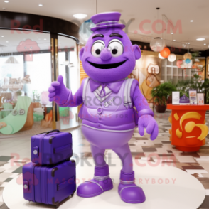Purple Wedding Cake mascot costume character dressed with a Vest and Messenger bags
